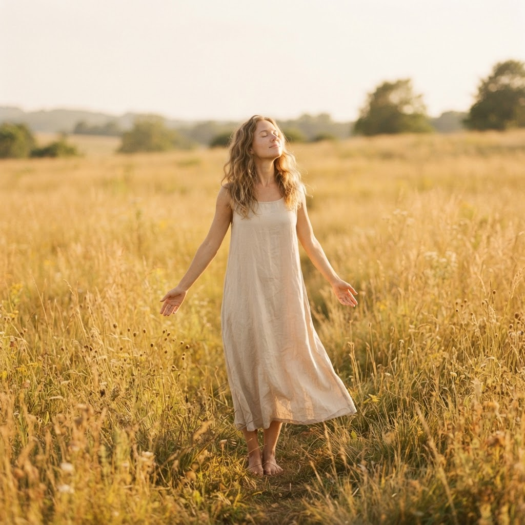 Woman standing in a golden meadow with arms open, embodying expanded capacity