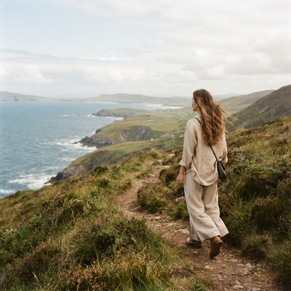 Woman walking along an open coastal path, feeling alive and expansive