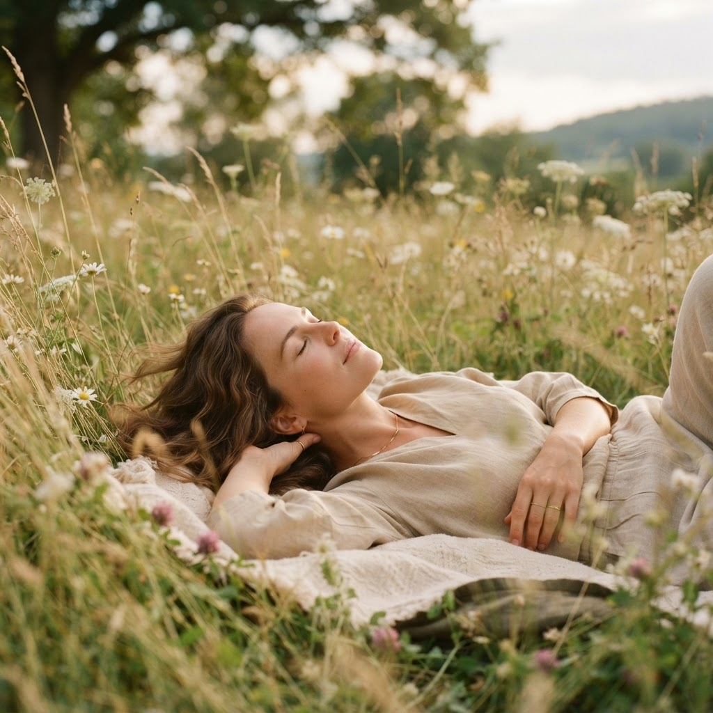 Woman lying peacefully in soft grass, open and receptive