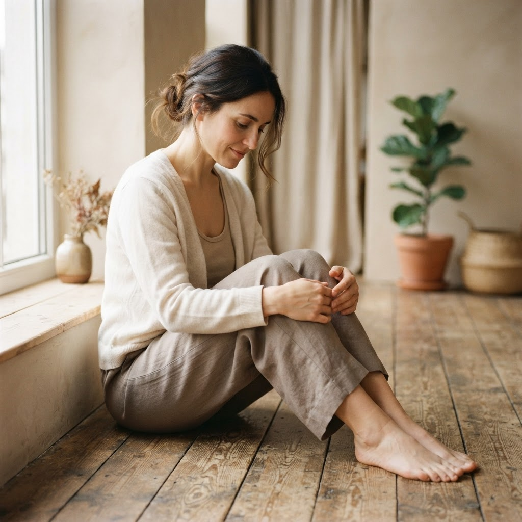 Woman sitting peacefully in soft natural light, representing stillness and healing